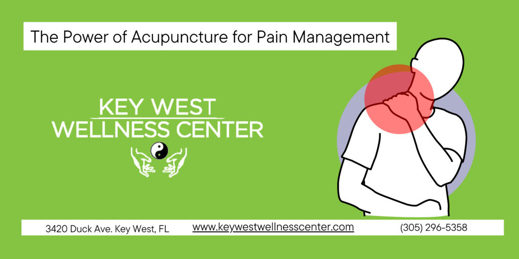 pain relief through acupuncture graphic indicating person in pain in shoulder with office information for Dr office